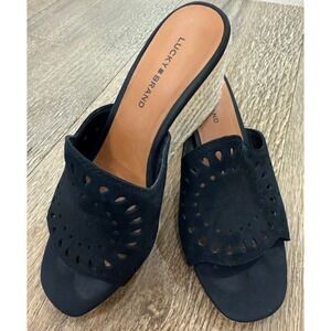 Women's Lucky Brand Black Suede Espadrille Mule Wedge Heels Sandal Size 7.5 M